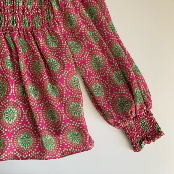 Rose + Olive Pink and Green Boho Smocked Long Sleeve Blouse Medium - Picture 9 of 9